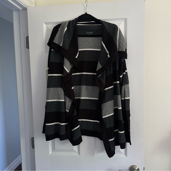 Size 1X Calvin Klein Performance Cardigan Striped Gray Black Waterfall Sweater - Picture 1 of 7